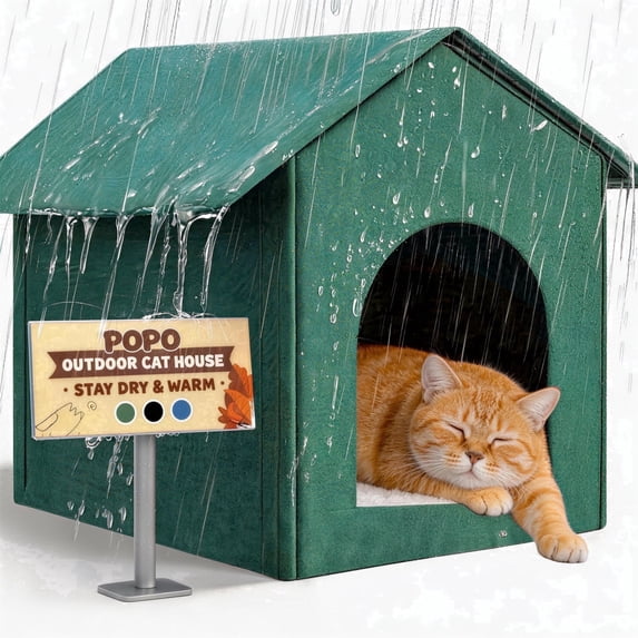 Cat House, POPO Waterproof Cat Bed with Removable Soft Cushion, Outdoor Kitty House 17 x13 x17 inches,Green