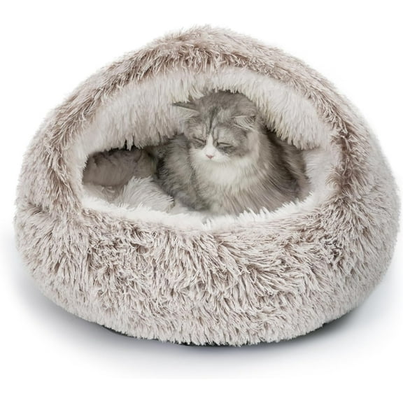 Plush Hooded Cat Bed, Calming Nest, Self-Warming Cave, Cozy Pod for Indoor Cats or Small Dogs, Removable Washable Cove With Non-Slip Bottom