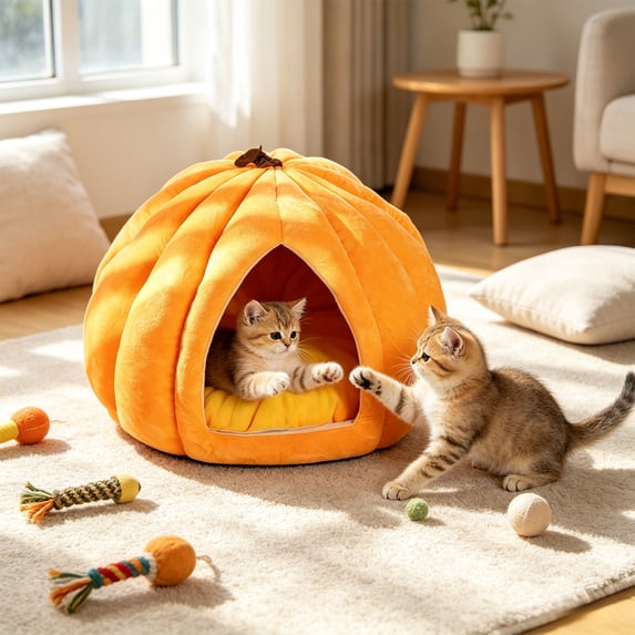 Cat Bed Pumpkin Cave for Indoor Cats Warm Cozy Semi-Enclosed Sleeping House with Soft Cushion for Kittens Small Dogs 17.3x17.3in by MPOISVA