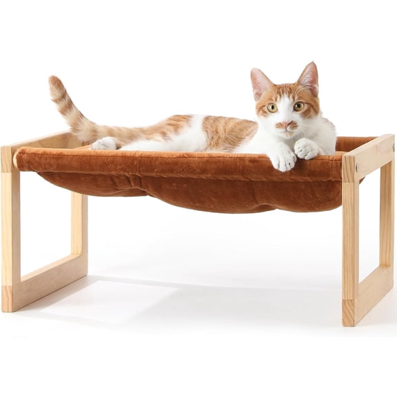 Cat Bed with Removable Cover, Plush Velvet Couch for Indoor Cats, Wooden Feline Hammock, 21 x 16.5 Inch Kitten Sofa, Suitable for Kitty, Dog, Bunny and Small Animal, Brown