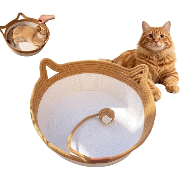 Cat Bed – Rope Cotton Pet Bed with Cushion, Round Breathable Wicker-Style Basket for Indoor Cats, Cozy Scratchable Boho Cat Bed & Lounge