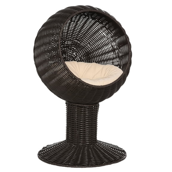Cat Bed with Rotatable Egg Chair Pod, PE Rattan Woven Elevated Kitty House with Thick Plush Cushion, Coffee Brown Pet Nest for Living Room, 17"W x 15.25"D x 26.75"H, No Assembly