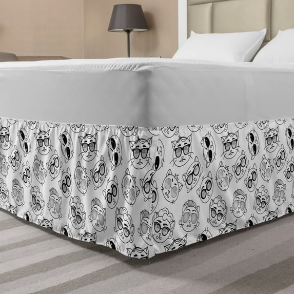 Cat Bed Skirt, Cartoon Kittens with Glasses Sketch Print on Plain Background, Elastic Bedskirt Dust Ruffle Wrap Around for Bedding Decor, 4 Sizes, Black White, by Ambesonne