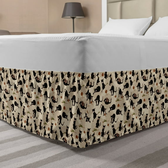 Cat Bed Skirt, Hand Drawn Feline Pattern House Pet Playing with Mouse and a Ball of Yarn, Elastic Bedskirt Dust Ruffle Wrap Around for Bedding Decor, 4 Sizes, Black Tan Sea Green, by Ambesonne