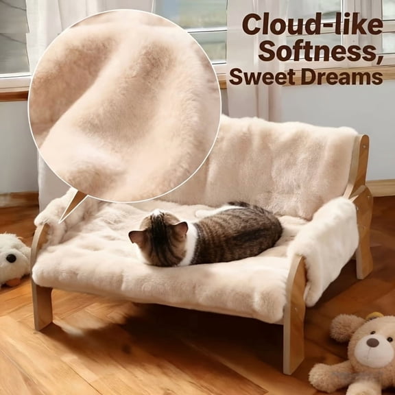 Cat Bed Sofa with Elevated Wood Frame, Washable Plush Pet Couch for Cats and Small Dogs, Gray