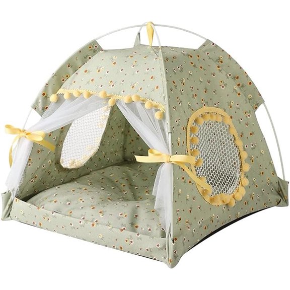 Cat Bed Tents Dog House Indoor Outdoor Lace Mesh Breathable Windows Door Curtains Removable Portable Nest Teepe House (Large,Green&Yellow)