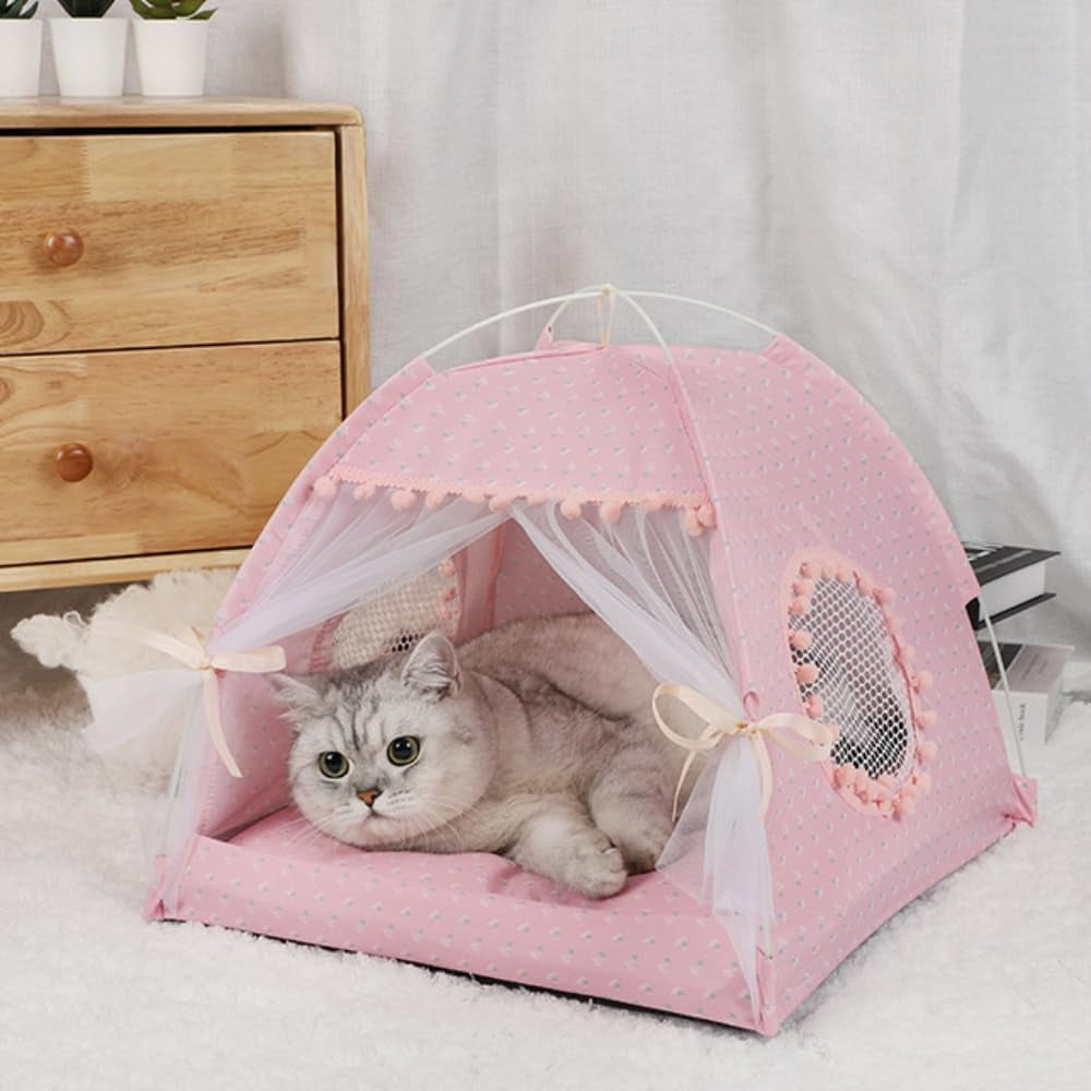 Cat Bed Tents Dog House Indoor Outdoor Lace Mesh Breathable Windows Door Curtains Removable Portable Nest Teepe House (Medium,Pink(Flower))
