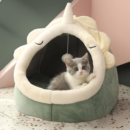 Cat Bed Warm Nest Dog Hut Kennel Soft Plush Sleeping Pad - Green S