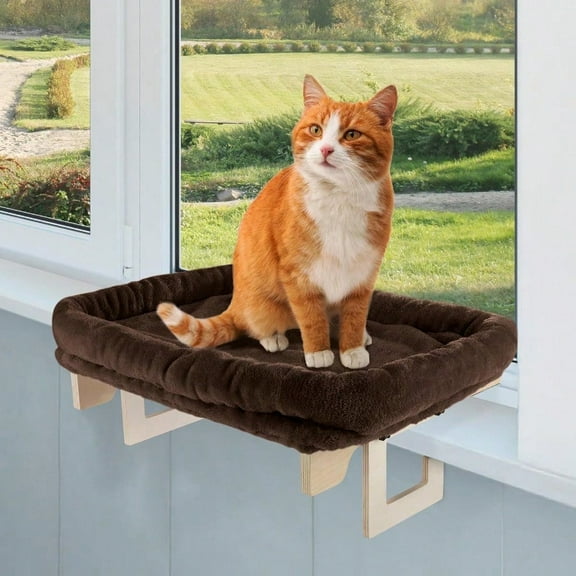 Cat Bed For Window Sill Cat Window Perch With Bolster And Removable Washable Cover Window Hammock With Sturdy Wood Frame For Large Cats Pet Beds For Indoor Cats By Brown