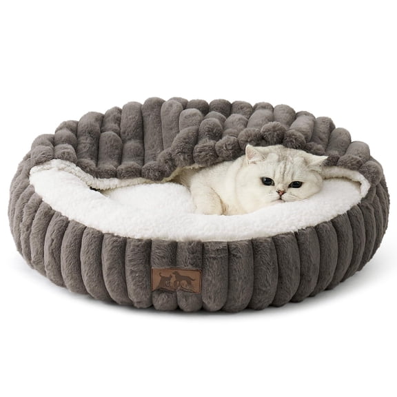 Cat Bed With Hooded Blanket  Round Fluffy Pet For Cats/small Dogs Cozy Donut Cuddler Machine Washable Faux & Anti-slip Bottom(23"*23"*6" Grey)