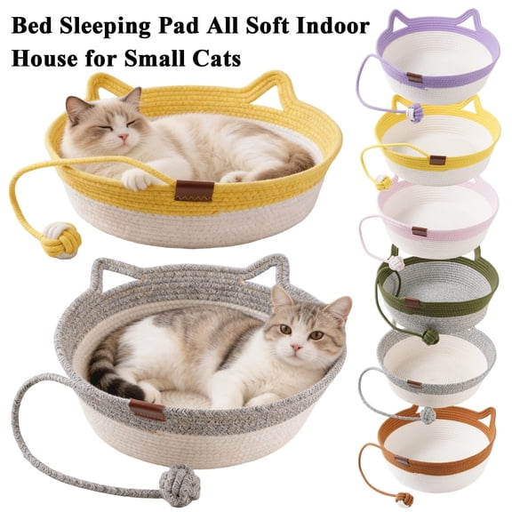 Cat Bed, Woven Rope Pet Bed, Kitten Bed, Round Pet Basket, Two-Tone Breathable Cotton Rope Cat Sleeping Mat with Cute Cat Ear Rim, Diameter 35Cm, Non-Slip Indoor Cat Bed Suitable