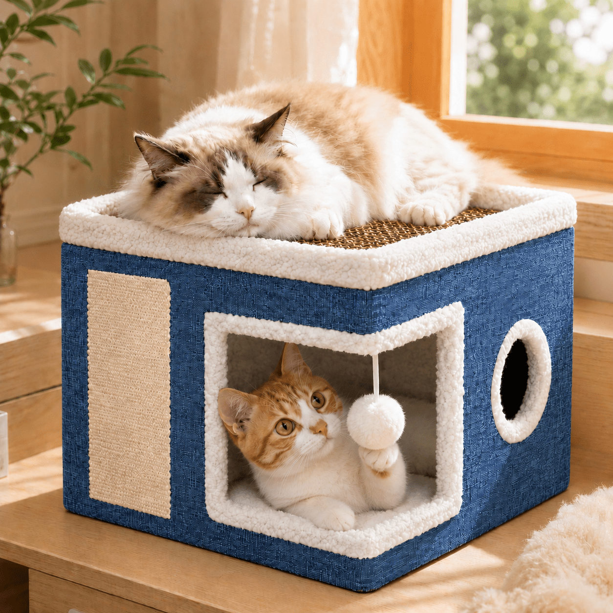 Cat Bed YUWENUS Cat House for Indoor Cats with 2 Cushion, Large Cat Cave with Scratch Pad and Fluffy Ball Hanging,Blue