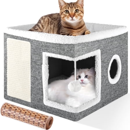 YUWENUS Cat Bed for Indoor Cats Foldable Kennel Bed with 2 Cushion, Large Cat House with Scratch Pad and Fluffy Ball Hanging, Grey