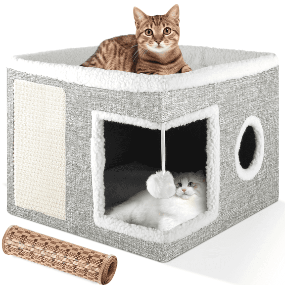 Cat Bed, YUWENUS Cat House for Indoor Cats with 2 Cushion, Large Cat Cave with Scratch Pad and Fluffy Ball Hanging, Light Gray