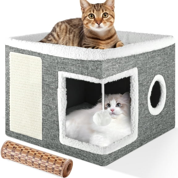 Cat Bed, YUWENUS Cat House for Indoor Cats with 2 Cushion, Large Cat Cave with Scratch Pad and Fluffy Ball Hanging, Grey