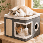 Cat Cube for Indoor Cats with Cooling Mat & Storage Pocket, Foldable Cat House Condo with Scratch Pad and Hanging Ball, Grey