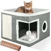 Cat Bed, YUWENUS Cat House for Indoor Cats with 2 Cushion, Large Cat Cave with Scratch Pad and Fluffy Ball Hanging, Grey