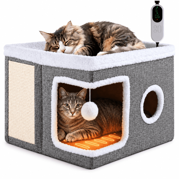 YUWENUS Heated Cat House, Heated Cat Bed with 9 Temperature Settings and Timer, Foldable Indoor Cat House with Heating Pad and Scratch Pad, Gray