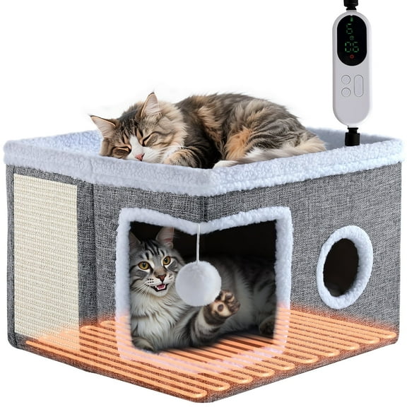 Heated Cat House, YUWENUS Adjustable Temperature Cat Heating Bed with Timer and Chew Resistant Cord, Large Indoor Cat House with Heating Pad