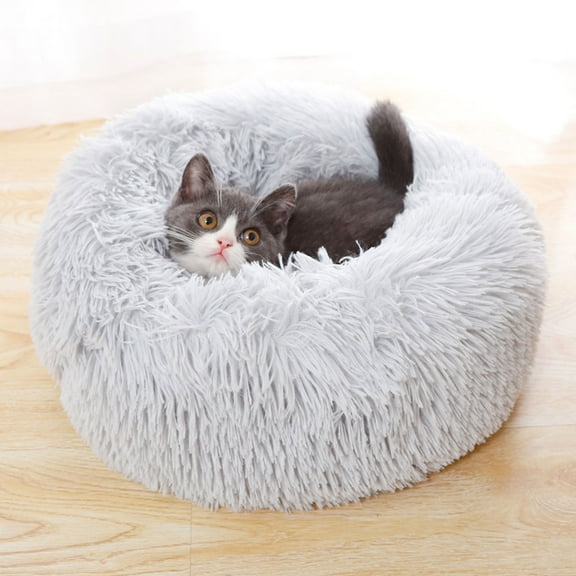 Cat Bed for Indoor 20inch Anti Anxiety Donut Calming Bed Fluffy Soft Round Plush Cushion Bed for Small Medium Dogs and Cats Light Gray