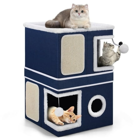 Cat Bed for Indoor Cats 2-Storey Cat House,Covered Cat Cave Beds & Furniture with Scratch Pad and Hideaway Condo,Blue