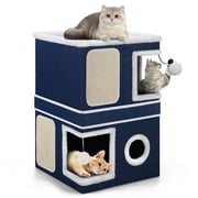 Cat Bed for Indoor Cats 2-Storey Cat House,Covered Cat Cave Beds & Furniture with Scratch Pad and Hideaway Condo,Blue