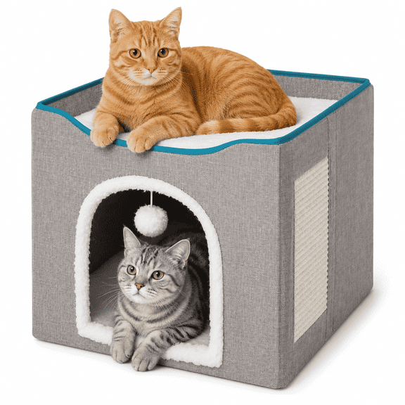Cat Bed for Indoor Cats, Cat Cave With Fluffy Ball Hanging and Scratch Pad, Foldable Cat Condo Hideaway, Two Type
