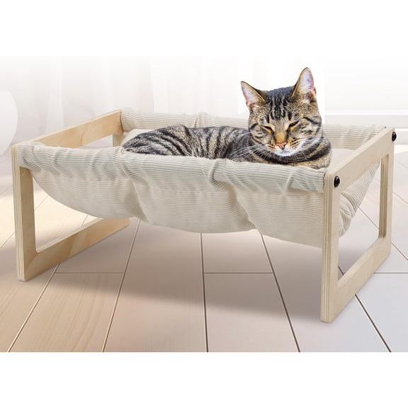 Cat Bed with Removable Washable Cushion, Elevated Wooden Hammock, 360 Visibility Cot with Cozy Winter Pads
