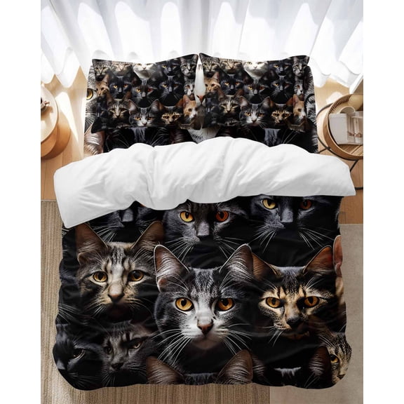 Cat Bedding Duvet Cover Set Full Size 4 Pieces Pet Animal Cat Ears Eyes Soft Twill Plush Quilt Cover, Include 1 Duvet Cover 1 Flat Sheet And 2 Pillow