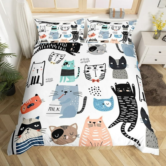 Cat Bedding Set Twin Size, Cartoon Cat Comforter Cover For Grils Teens Bedroom Decor, Cute Animal Printed Duvet Cover Lovers Cat Lovely Decor Quilt Cover Cat Decor For Home
