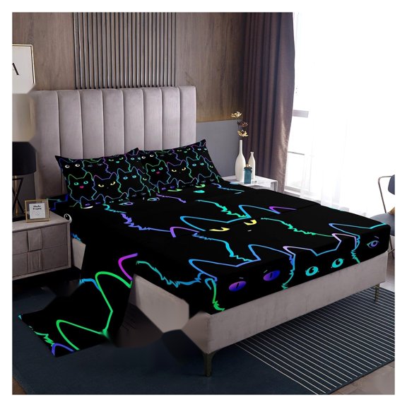 Cat Bedding Sheets, King Size Cute Cartoon Cat Print Set, Neon Gradient Kitten Design, for young readers and adults
