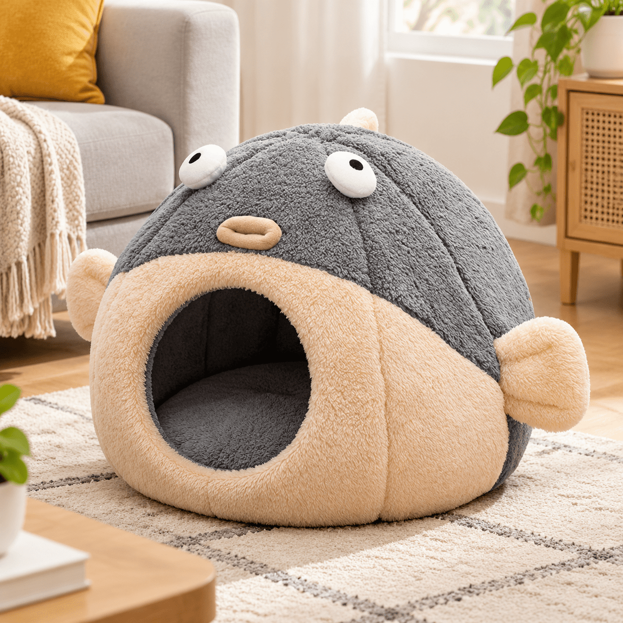 Cat Beds For Indoor Cats-cat Bed Cave Cute Lively Pufferfish Shape Grey ...