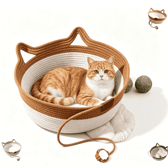 Cat Beds Handwoven Cat Basket with Rope Ball, Foldable Scratchable Hammock with Cat Ear Design, Breathable & Easy to Clean
