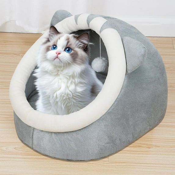 Cat Beds for Indoor Cats - Cat -Shaped Cat Cave Bed with Hanging Toy,Super Soft Calming Pet Bed for Kitten&Puppy,Small Dog,Warm Plush&Machine Washable Cotton Pad,Cat Hideaway (Gray)