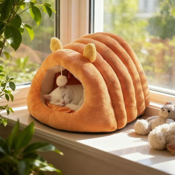 Cat Beds for Indoor Cats - Cat-Shaped Cat Cave Bed with Hanging Toy,Super Soft Calming Pet Bed for Kitten&Puppy,Warm Plush&Machine Washable&Removable Pad (Pink)