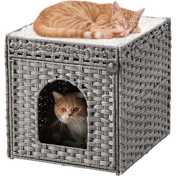 Cat Beds for Indoor Cats Extra Large Double Cat Cave Pet Cube, Handwoven Rattan Cat Houses with Double-Sided Soft Cushions, 18.5 x 20.5 x 19.1 Inches Foldable Hideaway in Living Room Gray