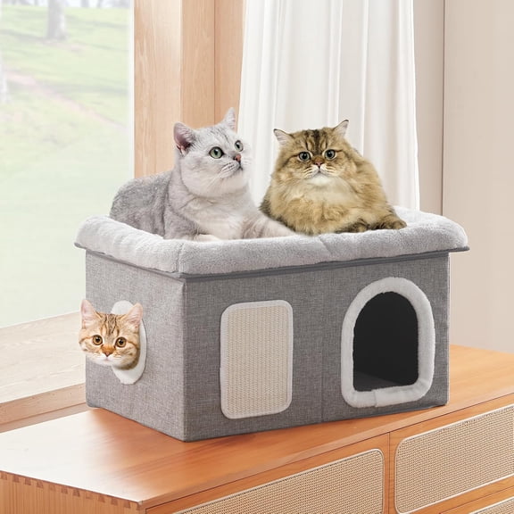 Cat Beds for Indoor Cats - Extra Wide Cat House for Pet and Foldable Cat Cave Bed with Scratch Pad, Cat Hideaway Condo for Kitten, 24.4x16.9x14.2 inches, Light Grey