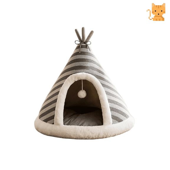 Cat Beds For Indoor Cats, Full Polyester Cozy Enclosed Cat Cave Bed with Hanging Pom Pom Toy, Foldable Bear Embroidery Teepee Pet Sleeping Hut,Cat Bed-Gray/S