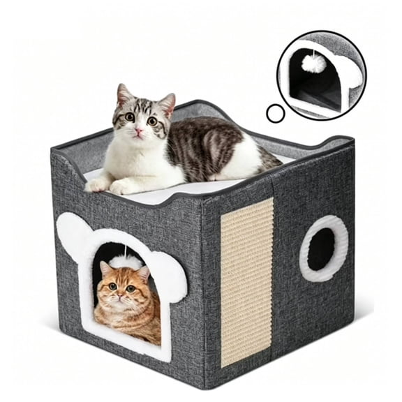 OFEFE Indoor Cat Bed with Scratching Post and Plush Balls for Living Room, Foldable Cat House Provides Hideaway & Sleep, Durable Dark Gray Cube for Multiple Small Pets, 15.35x15.35x12.6in