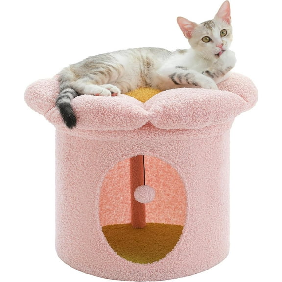 Cat Beds for Indoor Cats, Small Cute Cat Tree House with Removable Flower Cat Bed, Cat Hideaway, Indoor Cat House Condo, Cat Accessories, 20X20X16 Inches, Pink