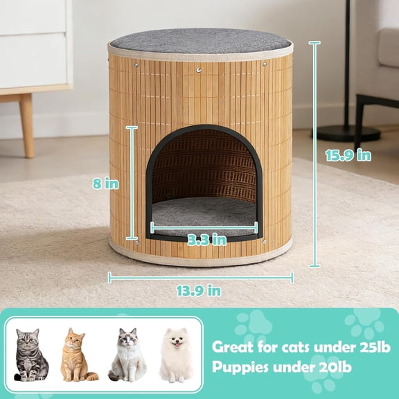 Cat Beds Indoor House, Handwoven Bamboo Cat Cave Pet Cube, Large Cat Houses, 2 Bed Mat, Foldable,Hideaway, 15.9x13.9 Inches, Living Room Bedroom Terrace Home Decoration Natural