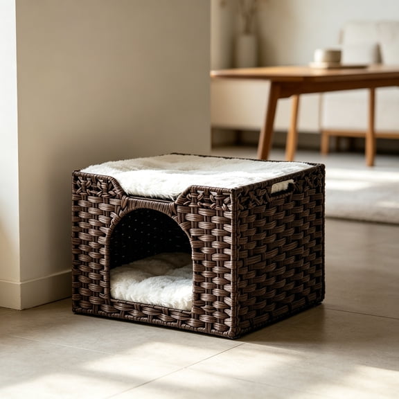 Cat Beds Indoor Kitten House, Handwoven Rattan Cat Cave Pet Cube, Large Cat Houses, One Bed Mat, Foldable, Hideaway, 16.5x16.5x13.2 Inches, 2 S-Shaped Hooks, in Living Room Bedroom Brown