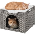 thumbnail image 1 of Cat Beds Indoor Kitten House, Handwoven Rattan Cat Cave Pet Cube, Large Cat Houses, One Bed Mat, Foldable, Hideaway, 16.5x16.5x13.2 Inches, 2 S-Shaped Hooks in Living Room Bedroom Gray, 1 of 13