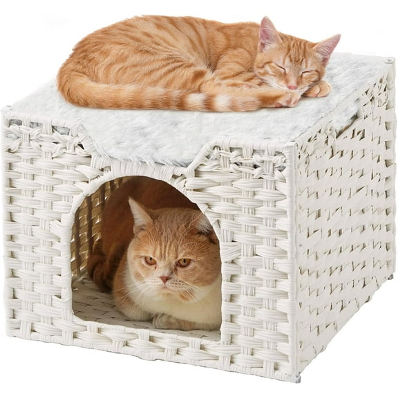 Cat Beds Indoor Kitten House, Handwoven Rattan Cat Cave Pet Cube, Large Cat Houses, One Bed Mat, Foldable, Hideaway, 16.5x16.5x13.2 Inches, 2 S-Shaped Hooks in Living Room Bedroom White