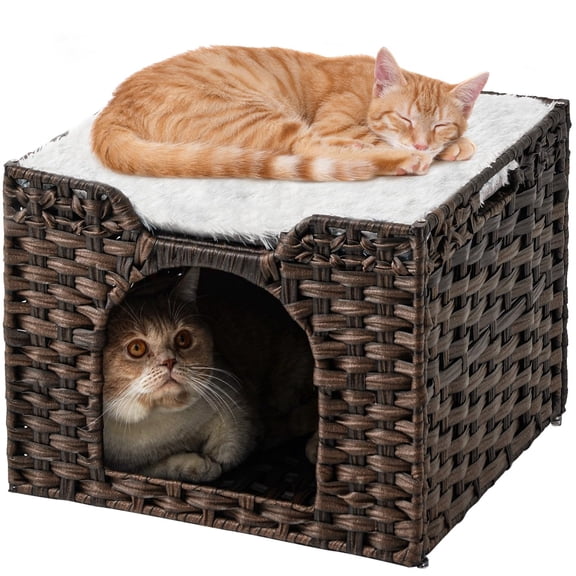 Cat Beds Indoor Kitten House Handwoven Rattan Cave Pet Cube Large Houses One Bed Mat Foldable Hideaway 16.5x16.5x13.2 Inches 2 S-shaped Hooks In Living Room Bedroom Brown