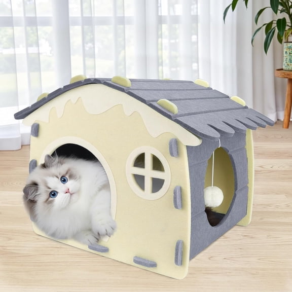 Cat Beds for Indoor Cats, Cat Bed Cave for Multiple & Large Cats Up to 22 Lbs, Scratch Resistant Peekaboo Cat Caves with Ball Hanging, Grey