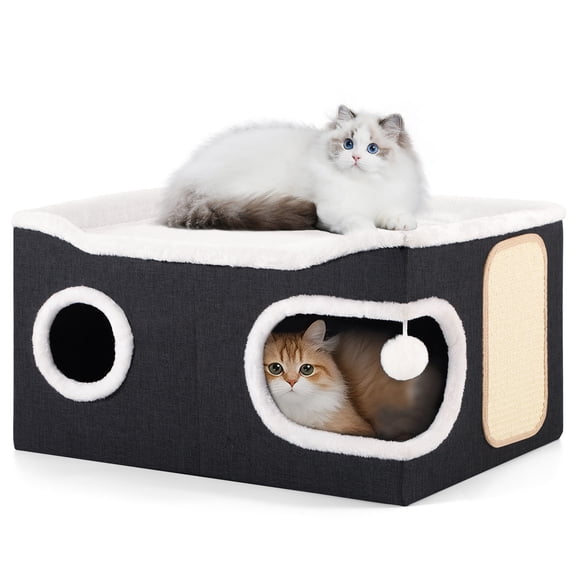 Cat Beds for Indoor Cats, Extra Wide Large Cat House for Pet Cat Cave with Scratch Pad and Fluffy Hanging Ball,Foldable Cat Cube Hideaway,Black