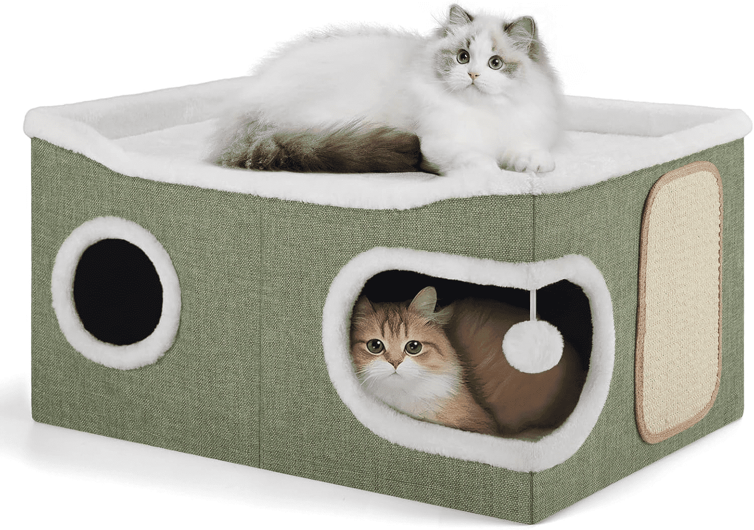 Cat Beds for Indoor Cats, Extra Wide Large Cat House for Pet Cat Cave with Scratch Pad and Fluffy Hanging Ball,Foldable Cat Cube Hideaway,Green
