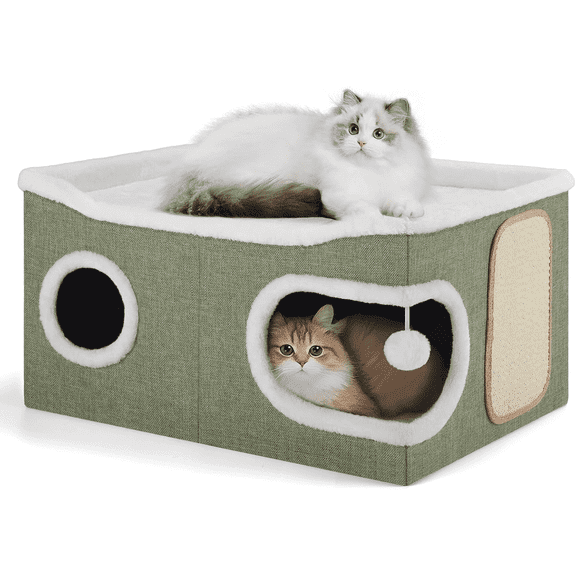 Cat Beds for Indoor Cats, Extra Wide Large Cat House for Pet Cat Cave with Scratch Pad and Fluffy Hanging Ball,Foldable Cat Cube Hideaway,Green