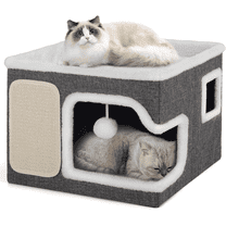 Cat Beds for Indoor Cats, Large Cat Cave with Cozy Hideout, Scratch Pad, Fluffy Ball Hanging,Foldable Pet Cat Cube House